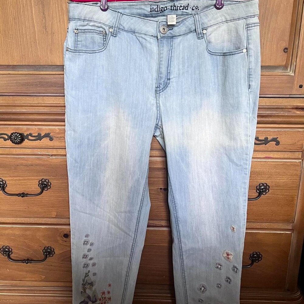 Indigo Thread Co Pale Blue‎ Embroidered Straight Leg w Floral Details